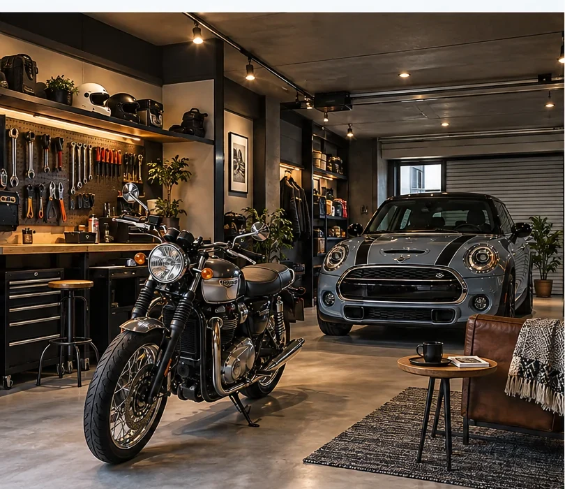 バイクや車の手入れを楽しむガレージ